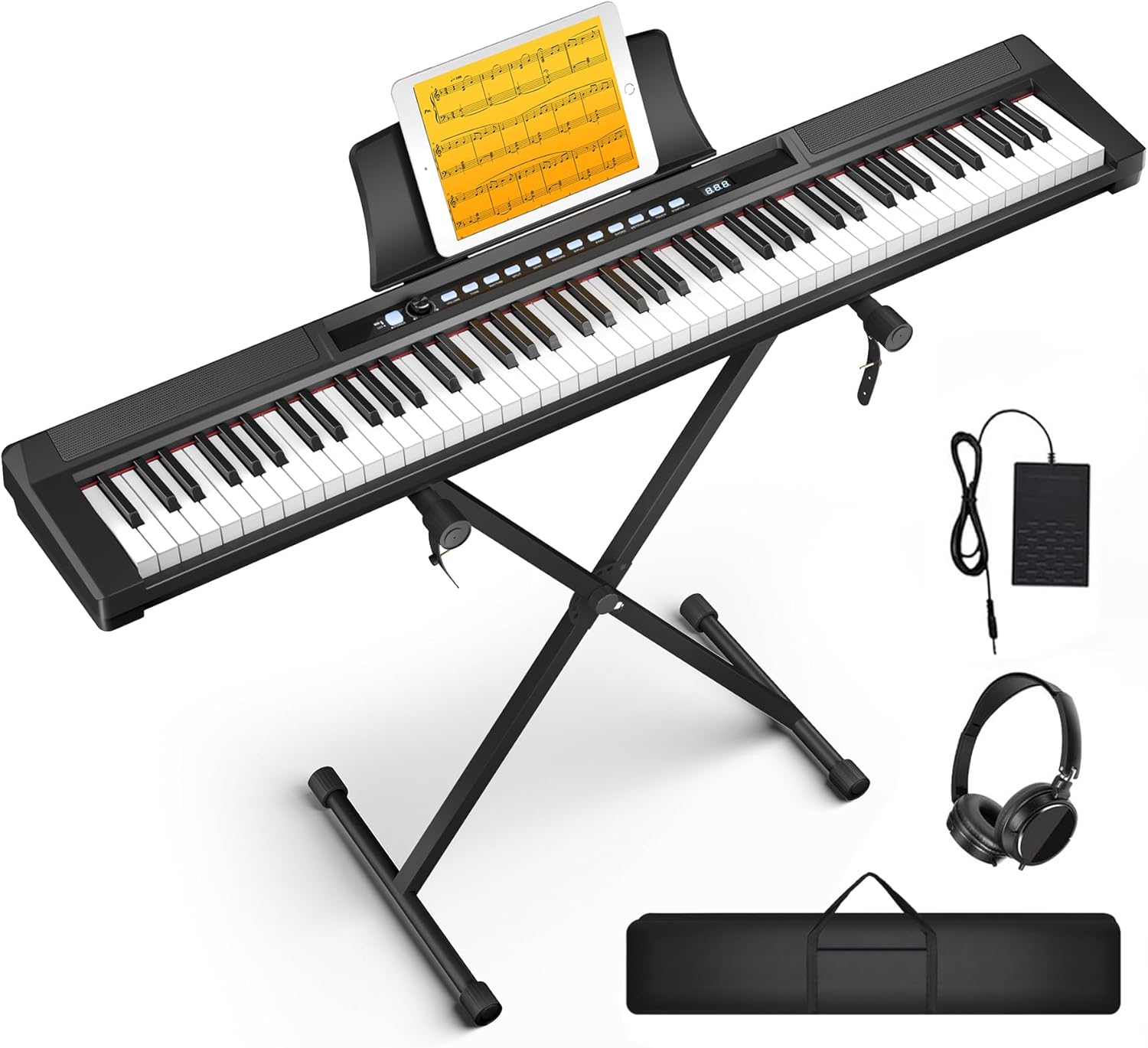 Piano Keyboard 88 Keys Semi-weighted Compact Portable Electric Digital Piano Set for Beginners with Stand, Carrying Case,Sustain Pedal,Headphones (Black Piano Keyboard)